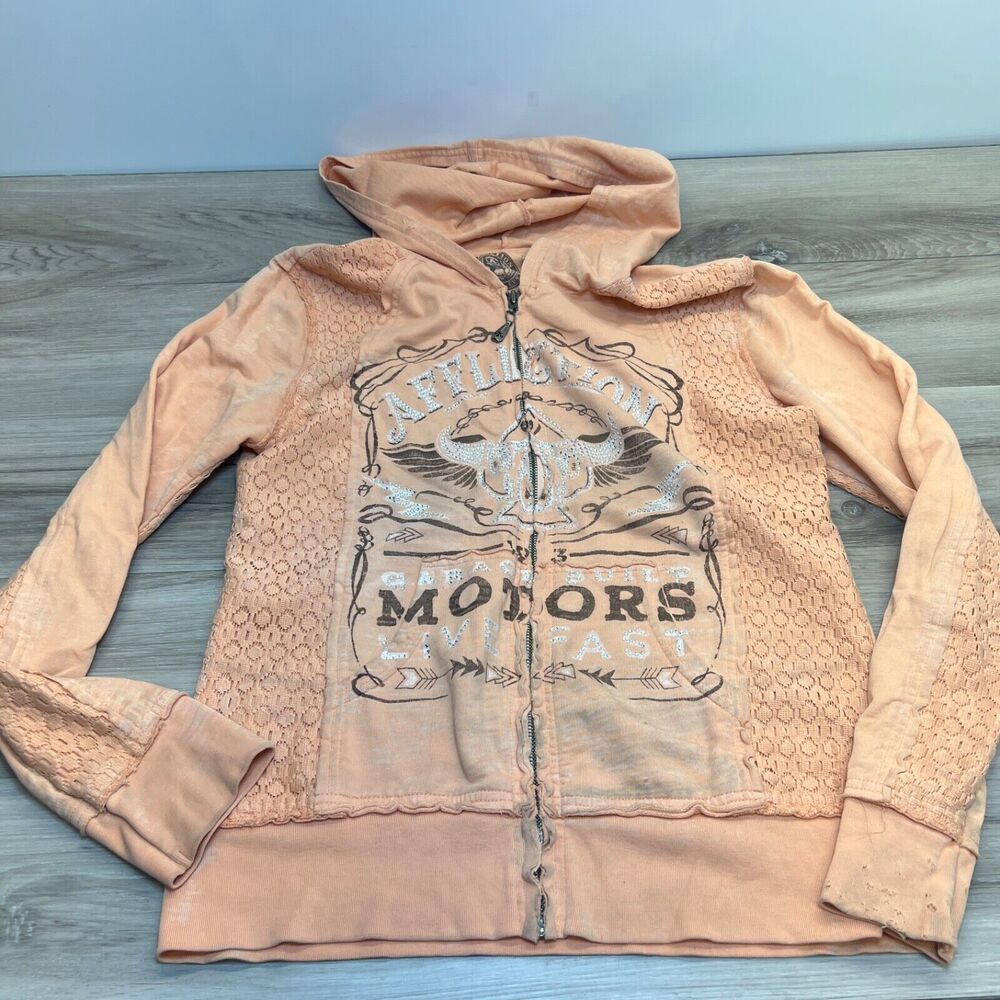 AFFLICTION Full Zip Jacket Sweater Womens M Motors Rhinestones Bling Orange‎